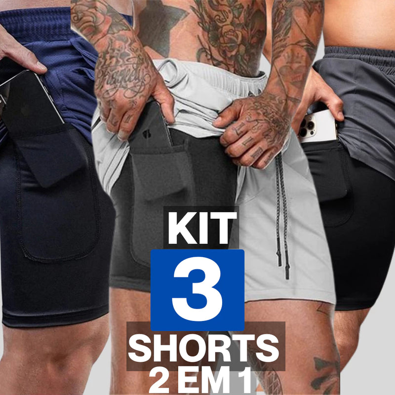 Kit 3 Shorts Masculino 2 em 1 Compressão