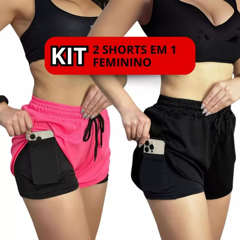 Kit 2 Shorts Dry Fit Duplo com Bermuda de Compressão